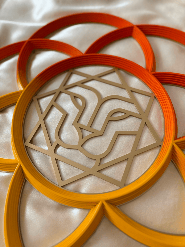 Decorative lion head with Lakshmi symbol logo embedded in the Seed of Life